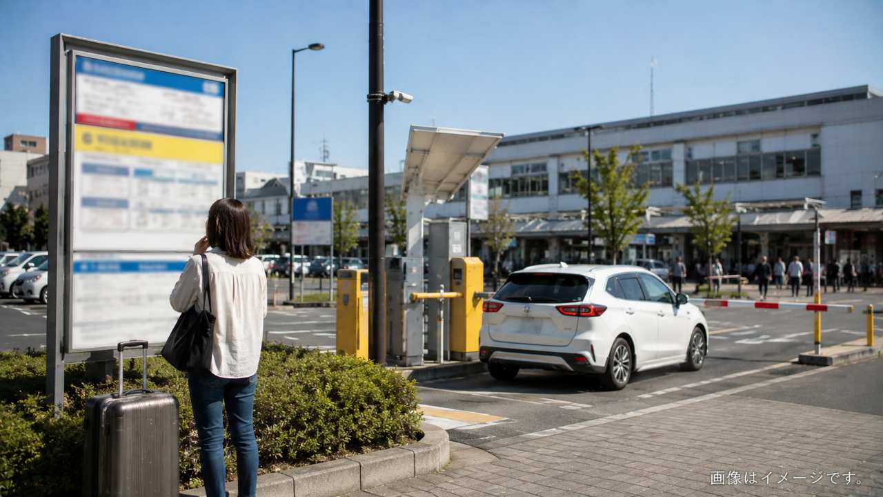 会津若松駅前の複数の駐車場を比較する様子
