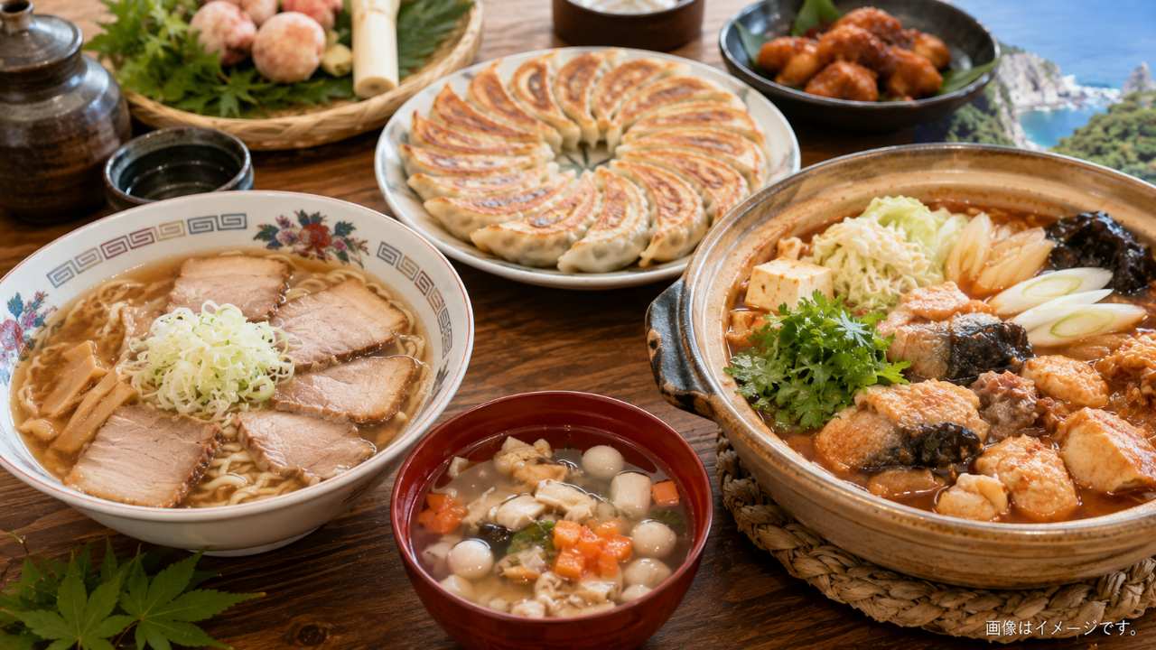 大内宿の茅葺き屋根の町並みと、ねぎそばや軽食を楽しむ食べ歩き風景