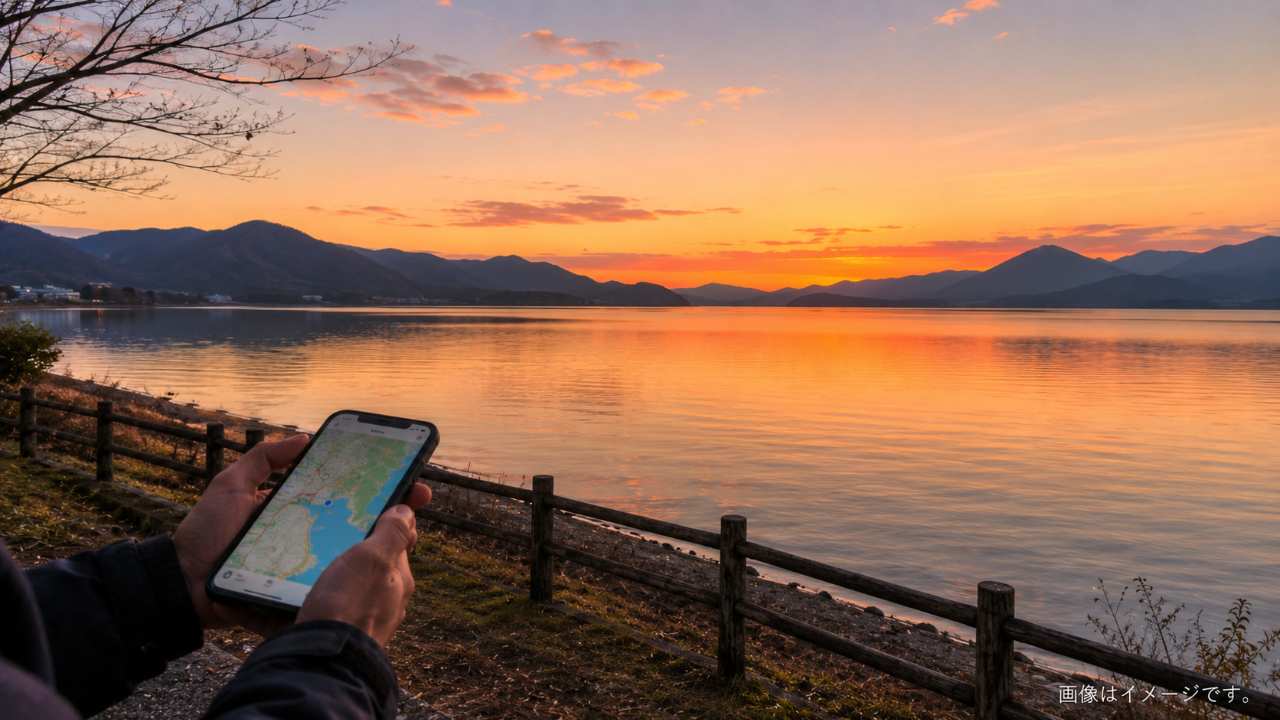 福島の海岸と湖と山から朝日を望む代表的な日の出風景