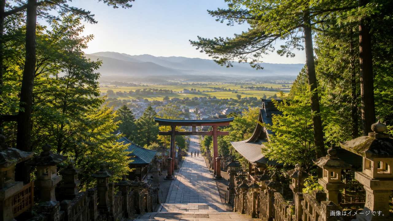 伊佐須美神社の参道と会津美里町の田園風景を組み合わせた、歴史と自然を感じる観光イメージ
