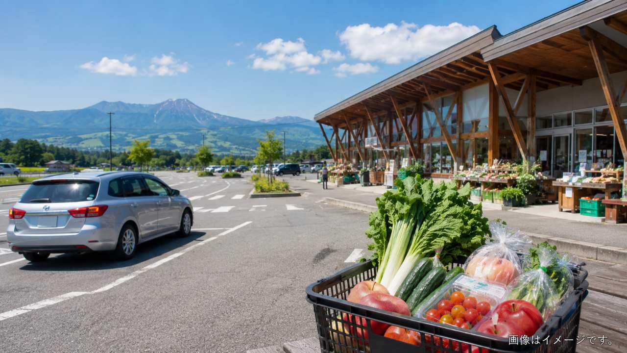 福島県の地図をイメージした背景に県北・会津・浜通りの道の駅を示すドライブ風景