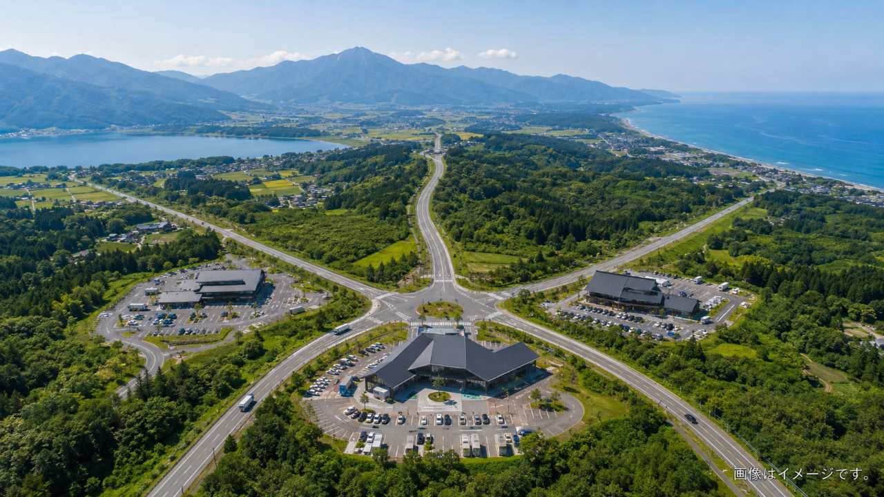 福島の山並みを背景に、道の駅の建物と農産物、ドライブ中の車を配置した福島県の道の駅巡りを表す風景