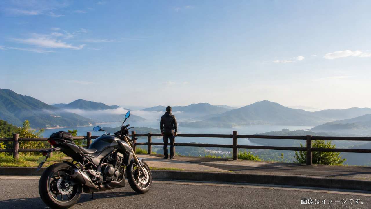 福島の山岳路と湖を背景に、展望スペースで休憩するツーリングバイク