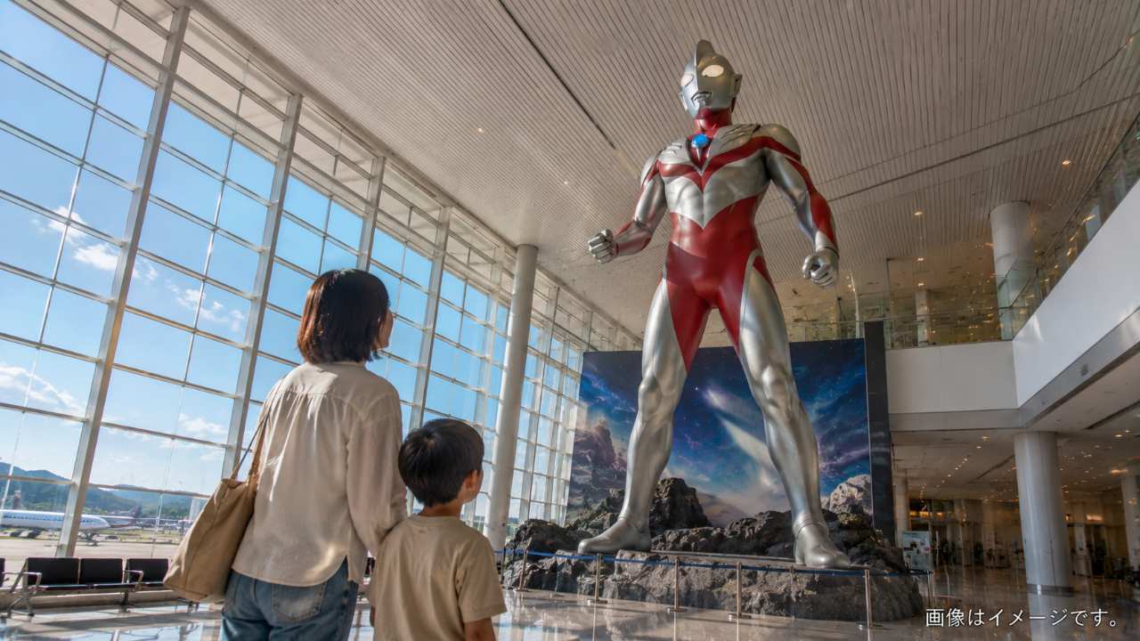 福島空港ターミナルを背景にウルトラヒーローの立像と家族連れが見学を楽しむ様子