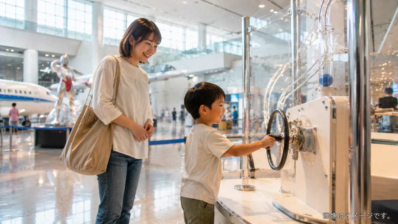 福島空港の館内でウルトラヒーローの立像やジオラマ展示を見学する家族