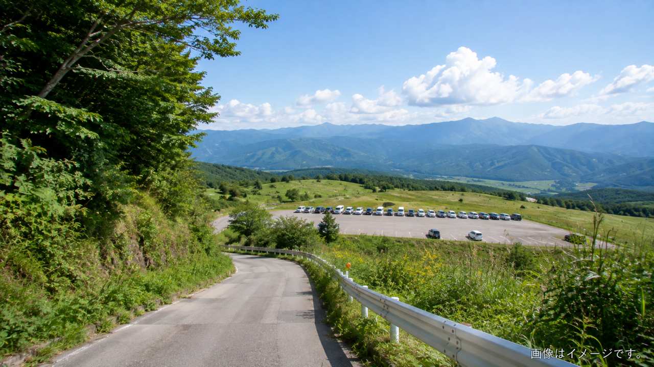 布引高原のひまわりと大型風車が広がる夏の高原風景
