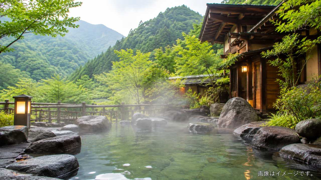 福島の山あいにある露天風呂から緑豊かな景色を望む温泉旅行のイメージ