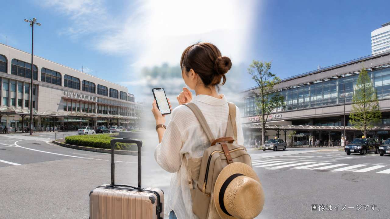 福島駅周辺の駅ビルとコラッセふくしまを見比べながら行き先を選ぶ旅行者