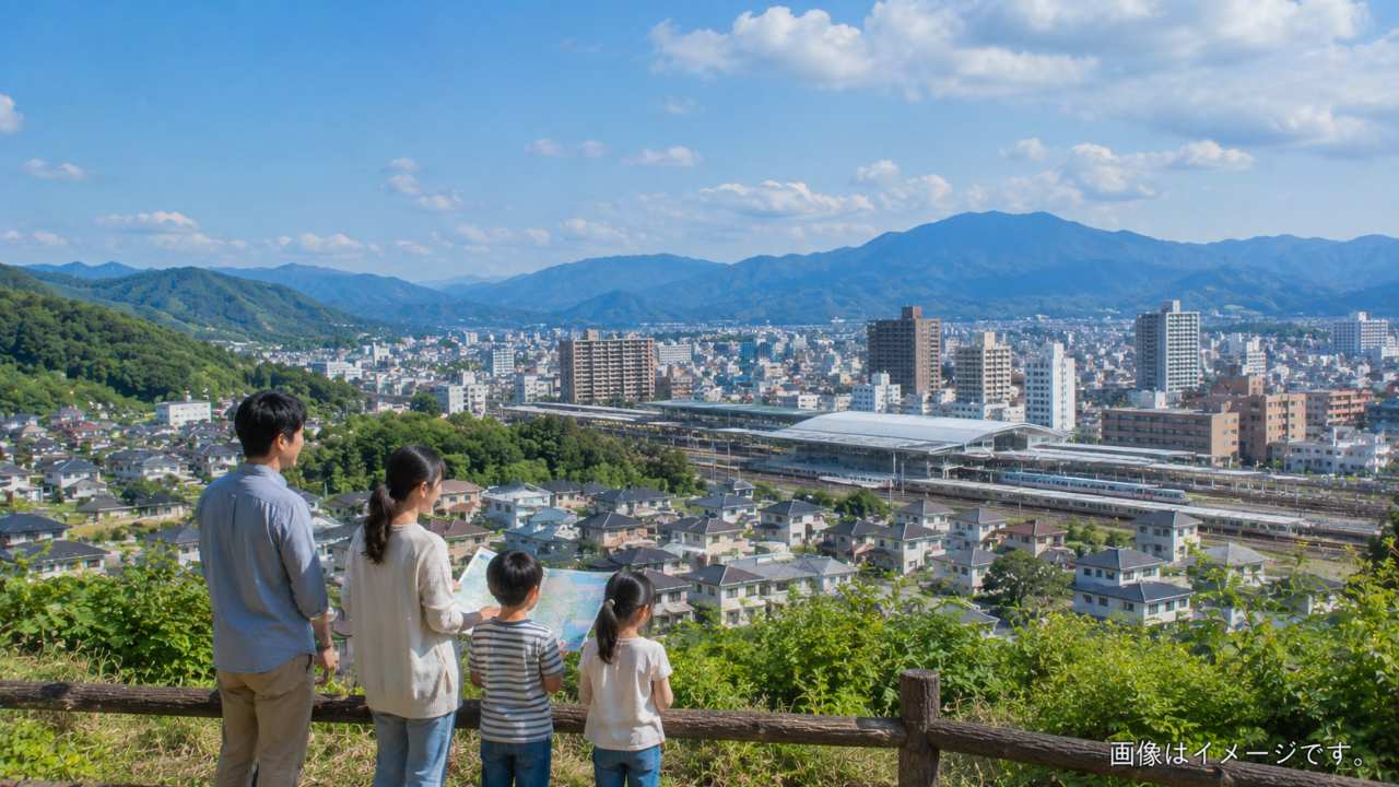 福島の山並みと住宅地を背景に移住先を検討する家族の穏やかな暮らしの風景