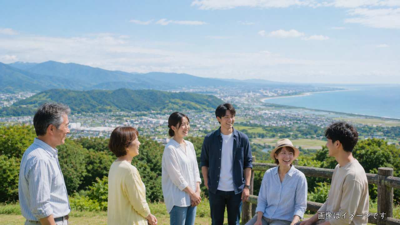 福島県の山並みと海を背景に、地域の多様な暮らしを象徴する人々が自然に交流する様子