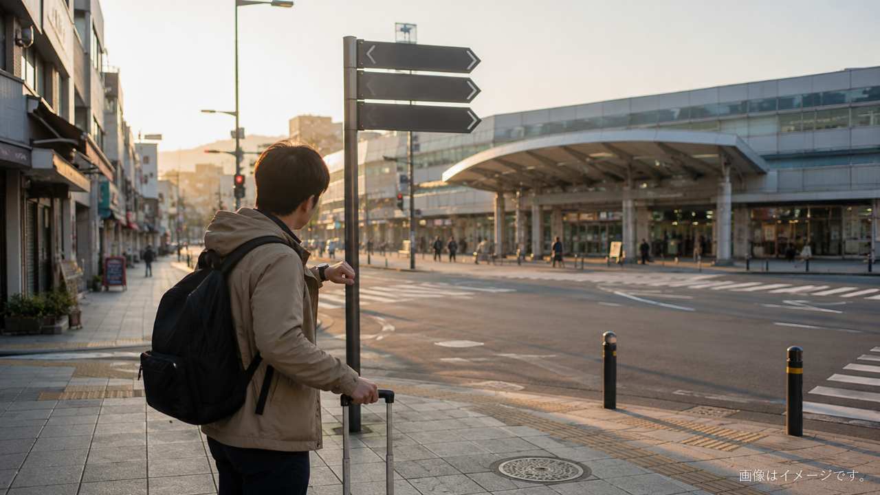 郡山駅周辺の複数の駐車場と西口側の駅前道路を見渡す風景
